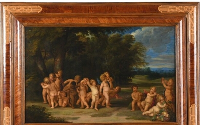 BESCHEY Karel. (1706-1776). (Attribué à). « Paysage animé de putti ». Huile sur panneau (beau...