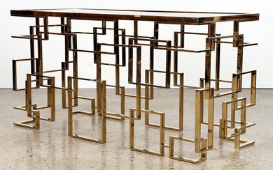 BRASS CONSOLE TABLE W/ GEOMETRIC DESIGN C. 1970