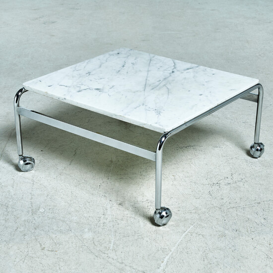 BRUNO MATHSSON. "Karin", coffee table, Dux, chrome-plated metal frame, marble top.
