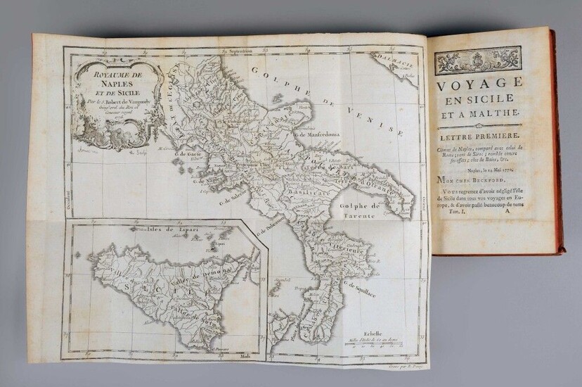 BRYDONE (Patrick). Voyage en Sicile et à Malthe, translated from the English by M. Demeunier. In Amsterdam, and found in Paris, by Pissot, 1776. 2 vols. in-12, XII-380 p. + [2] f., 367 p., pl., contemporary marbled havana calf, smooth and ornate...
