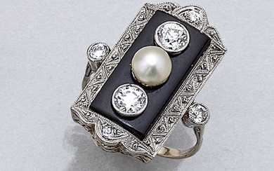 Bague en or 14 cts, diamants et perles, art déco vers 1930, WG 585/000 et...