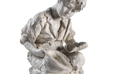 Ignoto scultore scuola napoletana fine XIX secolo, Bambino che chiede l'elemosina e legge un libro