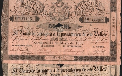 Banco de Zaragoza. 14 de mayo de 1857. 100 y 2.000 reales de vellón. Lote de 2