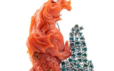 Blu diamond cerasuolo coral dragon shaped gold brooch