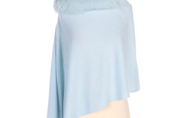 Blue Cashmere Poncho with Dyed Fox Fur Trim with Furrier Tag
