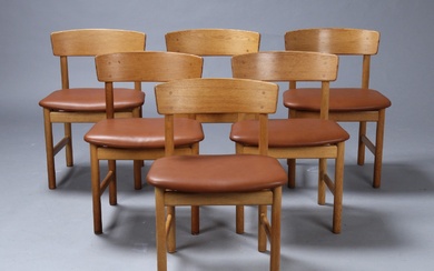 Børge Mogensen. Set of six vintage 'Folkestole' in oak and aniline leather, model 3236 (6)