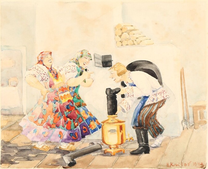 Boris Krilov: Kitchen interior with a Russian peasant heating his boot on the samovar. Signed B. Krilov 1943. Watercolour on paper. Visible size 39×49 cm.