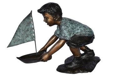 Boy Sends His Toy Boat on The Water Bronze Statue