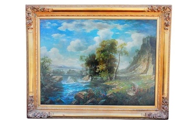 British Vintage Original Oil on Canvas Landscape Painting With Sea