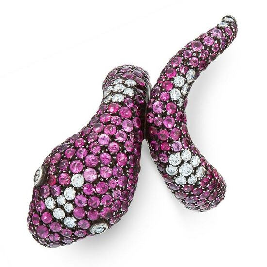 CANTAMESSA, A RUBY AND DIAMOND SNAKE RING designed as