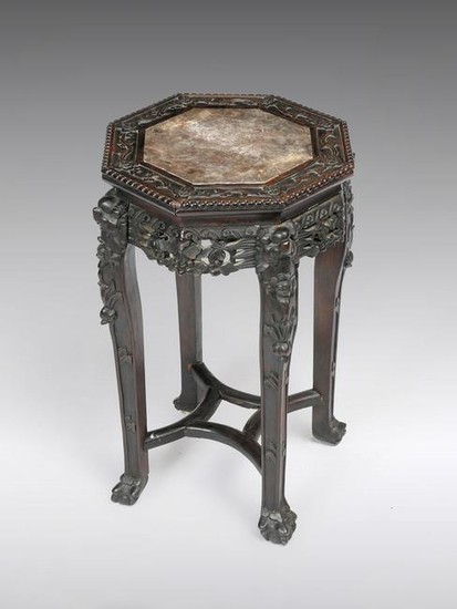 CARVED CHINESE MARBLE TOP ROSEWOOD TABLE