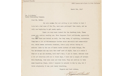 CHANDLER, RAYMOND. 1888-1959. Typed Letter Signed (Raymond Chandler) to B.D. Zevin of the World Publishing Company critiquing a book of poetry by Carl Sandburg