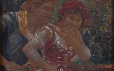 CHARLES BESSON, FRENCH 19TH/20TH CENTURY, COUPLE WITH FLOWERS, Oil on canvas, 9 x 7 in. (22.9 x 17.8 cm.), Frame: 15 1/4 x 13 1/4 in. (38.7 x 33.7 cm.)