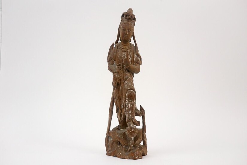 CHINE - TANG-DYNASTIE (618 - 906) ( ?) sculpture en bois avec ici et là...