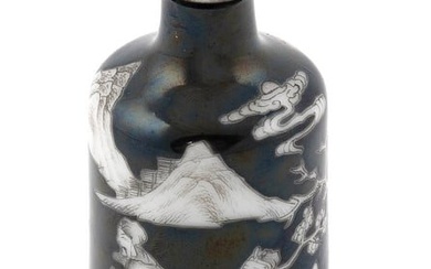 CHINESE BLACK AND WHITE PORCELAIN SNUFF BOTTLE 19th Century Height 3". Green jade stopper.