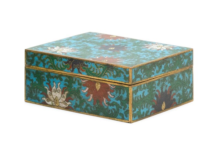 CHINESE CLOISONNÉ ENAMEL COVERED BOX Rectangular, with passionflower design on a blue ground. Two-character "Ta Ming" mark on base....