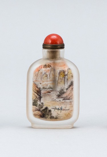CHINESE INTERIOR-PAINTED GLASS SNUFF BOTTLE Rectangular. Obverse depicts boatmen in a river with a mountainous background, signed an...
