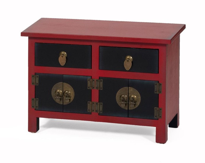 CHINESE PAINTED WOOD CABINET Red case fitted with two black drawers over two black cabinet doors. Brass hardware. Height 15". Width...