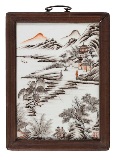 CHINESE PORCELAIN TILE PAINTING Depicts figures in various pursuits along a river surrounded by a temple and mountains. Seal marked...
