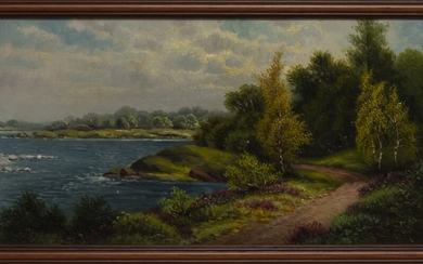 COASTAL SCENE, AN OIL BY T A RUSSELL
