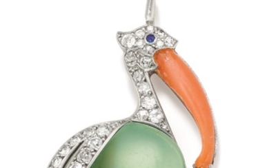 Cartier, An Art Deco Diamond, Jade, Coral, Sapphire and Platinum Pendant