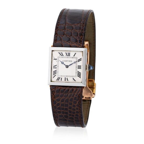 Cartier. Attractive Carrè Square-shape Wristwatch in Platinum and yellow gold, With Silver Roman Numbers Dial