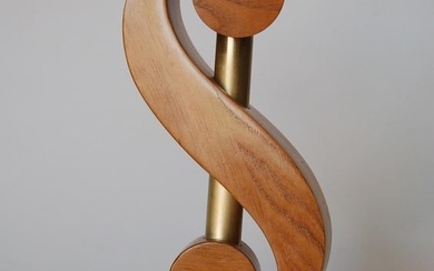Carved Oak and Brass Biomorphic Modernist Table Lamp Pair