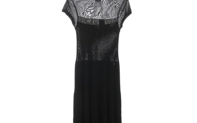 Chanel: A black dress made of wool and silk with textured verticals stripes, mesh on top and a high rounded neckline. Size 40 (FR)
