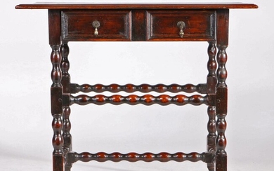 Charles II fruitwood and oak side table, circa 1680, having a triple-boarded top with ovolo
