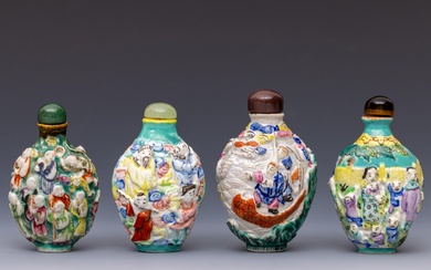 China, four moulded famille rose porcelain snuff bottles and stoppers, 19th century