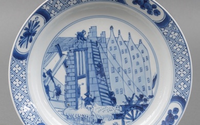 Chinees porseleinen bord met blauw-wit decor: 'Oproer van Rotterdam',...