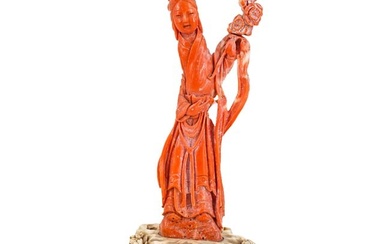 Chinese Coral and Bone Guan Yin With Flower