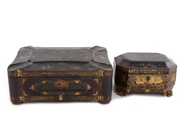 Chinese Export Lacquer Tea Caddy and Sewing Box (2pcs)