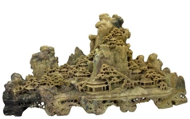 Chinese Hand Carved Soapstone Mountain Scene Sculpture
