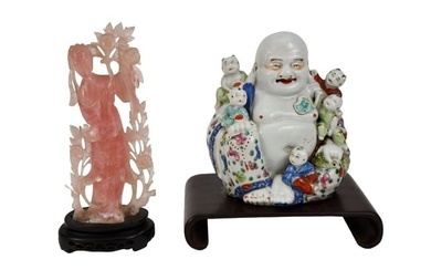 Chinese Rose Quartz Figure & Porcelain Happy Buddha - A porcelain Happy Buddha with Children figure