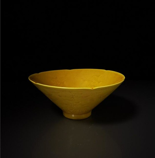 Chinese Yellow Glaze Crane Porcelain Bowl