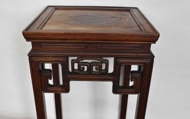 Chinese carved hardwood urn stand, with square dished top on angular knotwork pierced frieze and square channel carved supports, 40cm wide x 40cm deep x 79cm high