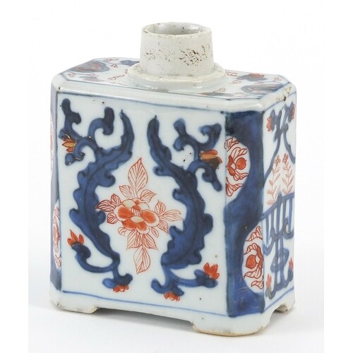 Chinese porcelain tea caddy hand painted in the Imari palett...