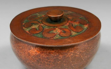 Cleveland Arts & Crafts Hammered Copper & Enamel Covered Box c1905