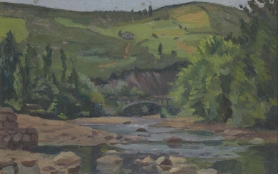 Clifford Hall RBA ROI, British 1904-1971- River landscape with a stone bridge and hills beyond; oil on board, signed, 25 x 35 cm (ARR)
