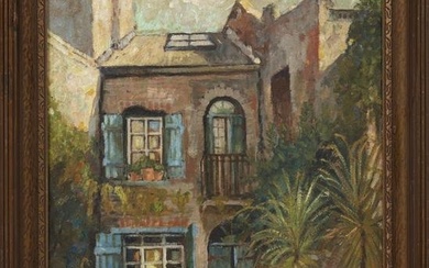 Colette Pope Heldner (American/Louisiana, 1902-1990) , "French Quarter Courtyard", oil on board