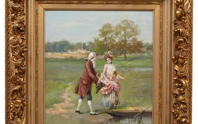 Continental School, "Courting Couple Boating," late 19th c., H.- 16 in., W.- 13 3/4 in., Framed- H.