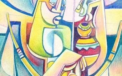 Cubist Afro-Stylized Watercolor Signed J S Mokgosi