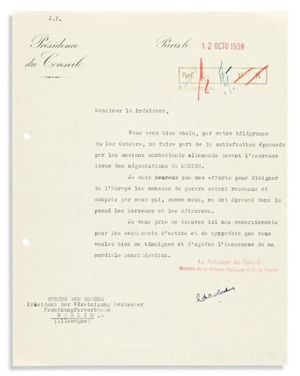 DALADIER, ÉDOUARD. Typed Letter Signed