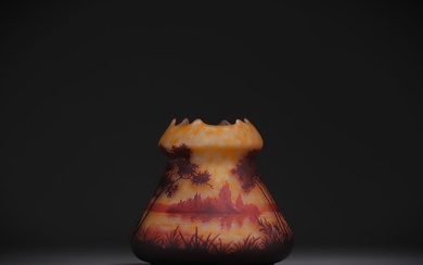 DAUM Nancy - Vase in acid-etched multi-layered glass with lake...