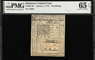 DE-80. Delaware. January 1, 1776. 20 Shillings. PMG Gem Uncirculated 65 EPQ.