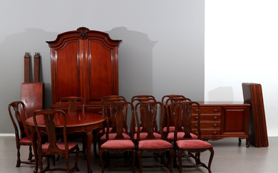 DINING ROOM FURNITURE, 15 PIECES. Mahogany. Bondrococo style. Acquired at Hebergs Furniture in 1953.