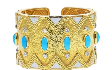 David Webb Platinum & 18K Yellow Gold Rickrack Turquoise Diamond White Enamel Bracelet