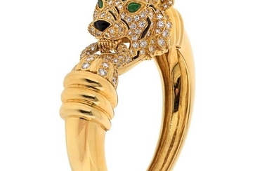 David Webb Platinum & 18K Yellow Gold Tiger Diamond And Enamel Animal Bangle Bracelet
