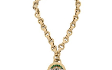 Deakin & Francis, an 18ct gold bracelet, of belcher-link design, suspending a diamond and green enamel pendant, Birmingham hallmarks for 18-carat gold, approx. length 18cm, approx. gross weight 23.8g; and a 9ct gold bracelet of similar design...